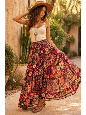 Boho Patchwork Maxi Skirt Sheer Tiered Patchwork Floral Sheet Festival India OS
